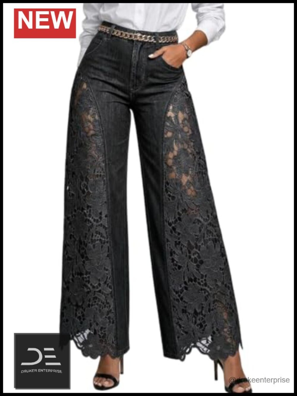 High Waisted Wide Leg Lace Patchwork Denim Jeans Women Floral Hollow Out Y2K